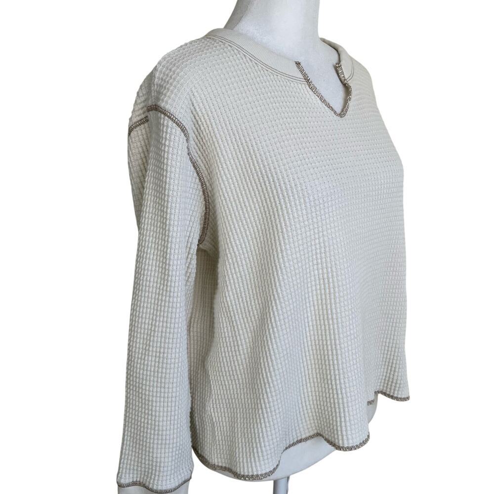 Madewell Sz M Boxy Cropped Waffle Knit Split Neck Long Sleeve Tee Antique Cream - Picture 5 of 16